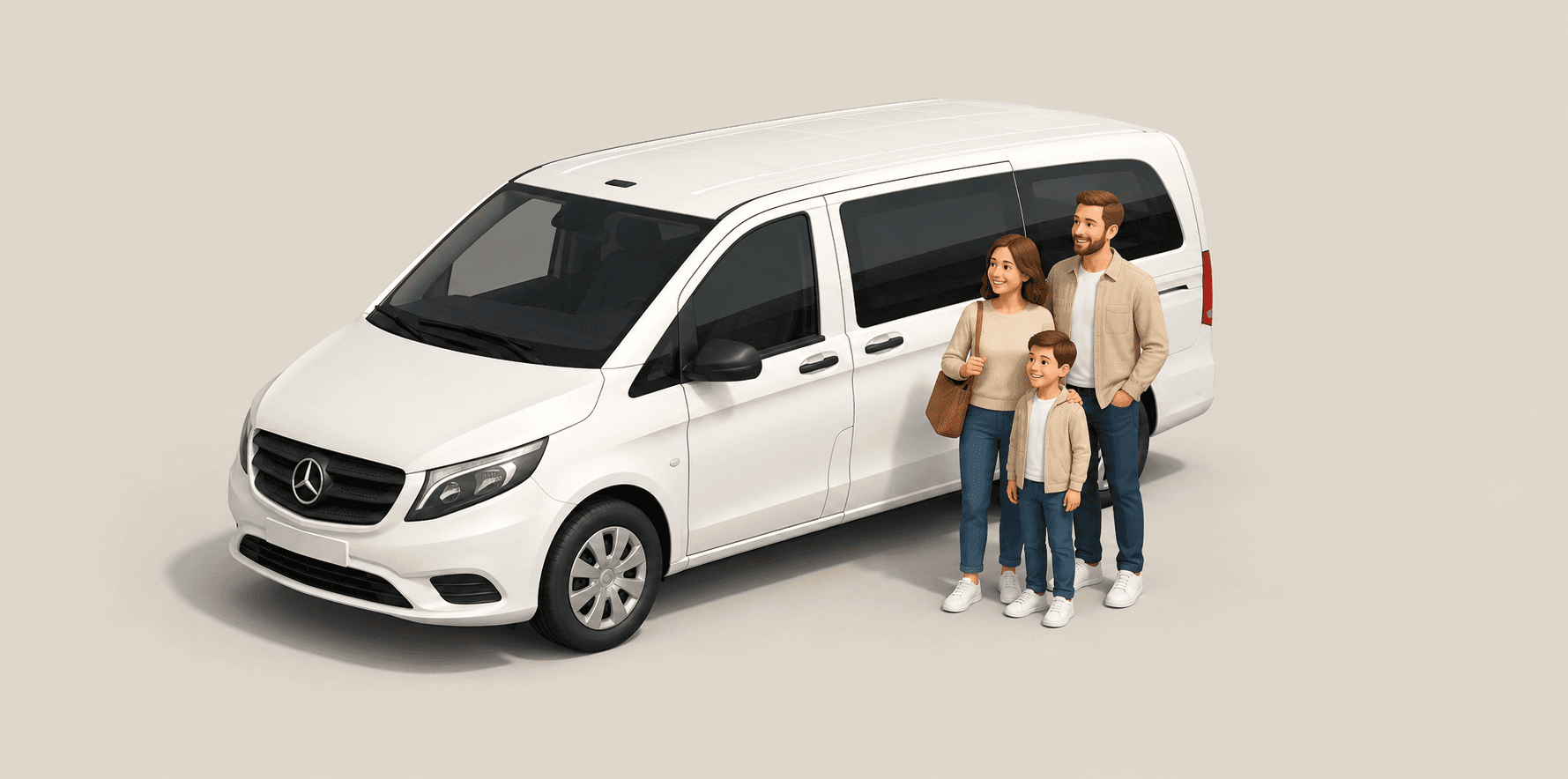 Illustration de la catégorie Van 7 places Owise : van blanc et une famille de quatre personnes